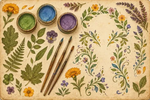 A botanical face-paint kit on aged paper: pots of green, blue and violet paint, brushes, and leafy vine motifs