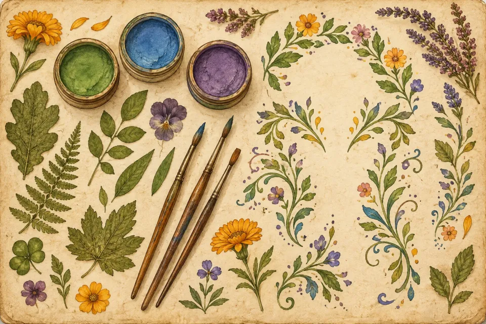 A botanical face-paint kit on aged paper: pots of green, blue and violet paint, brushes, and leafy vine motifs