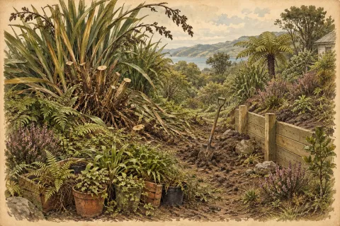 A steep, overgrown Wellington garden mid-clearing, a huge flax half hacked back and a spade in the mud