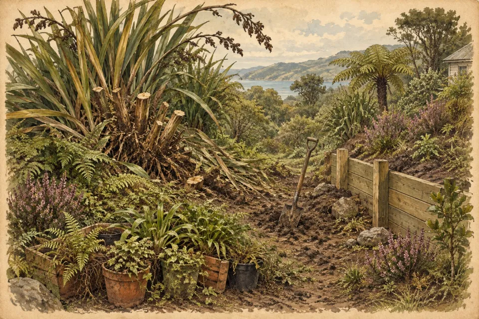 A steep, overgrown Wellington garden mid-clearing, a huge flax half hacked back and a spade in the mud