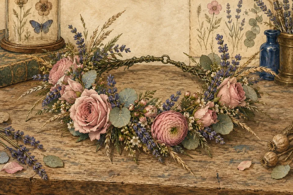 A finished flower crown of roses, ranunculus and lavender resting on an aged wooden table