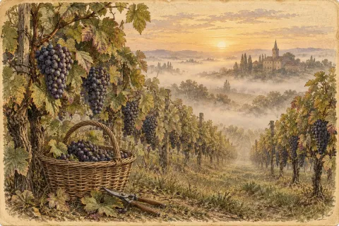A misty dawn in a French vineyard at harvest, a wicker basket of dark grapes and secateurs in the foreground