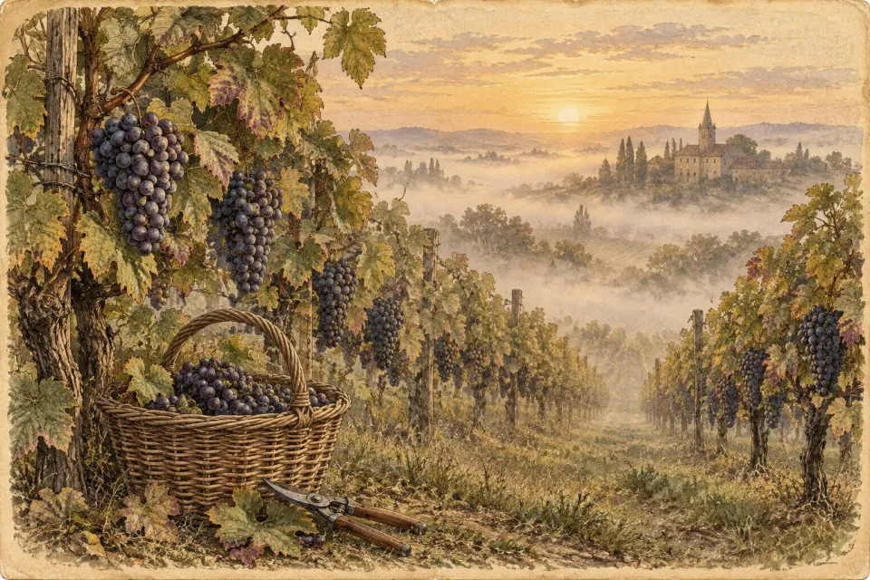 A misty dawn in a French vineyard at harvest, a wicker basket of dark grapes and secateurs in the foreground