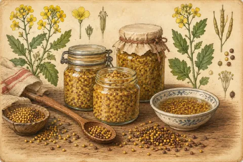 Small glass jars of homemade wholegrain mustard on a wooden table with scattered mustard seeds
