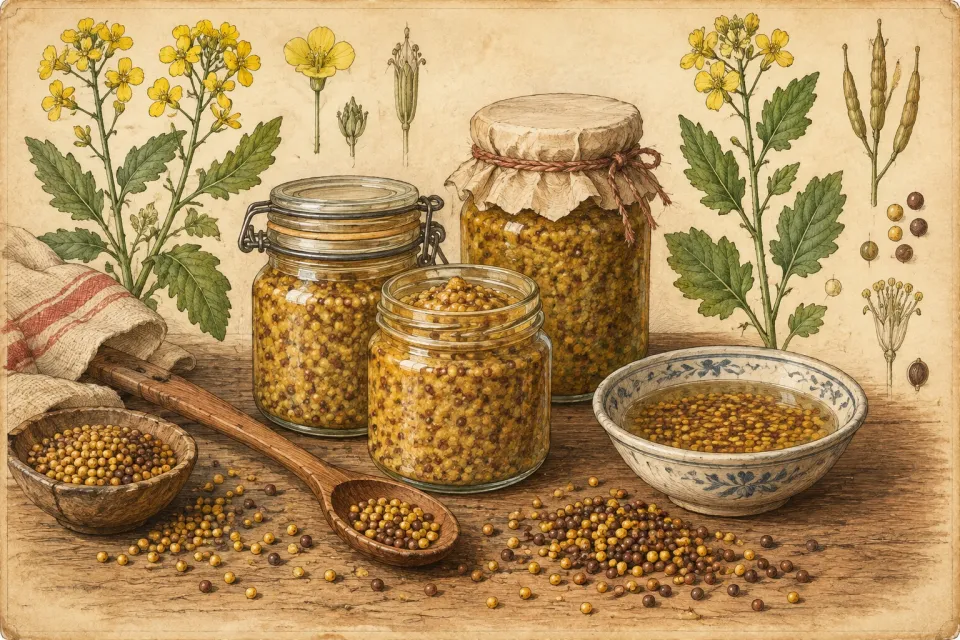Small glass jars of homemade wholegrain mustard on a wooden table with scattered mustard seeds