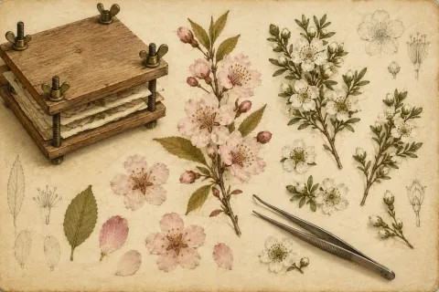 A wooden flower press and pressed spring blossoms arranged on aged paper with tweezers